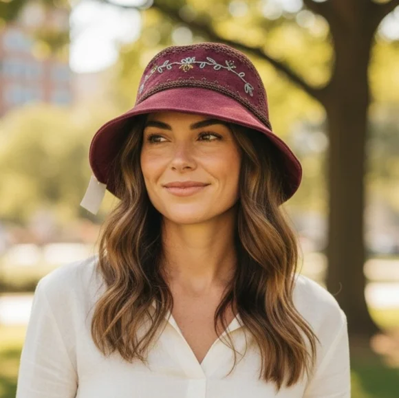 Vintage JCPenney Women’s Embroidered Burgundy Bucket Hat One Size Boho Cottage - Picture 3 of 15